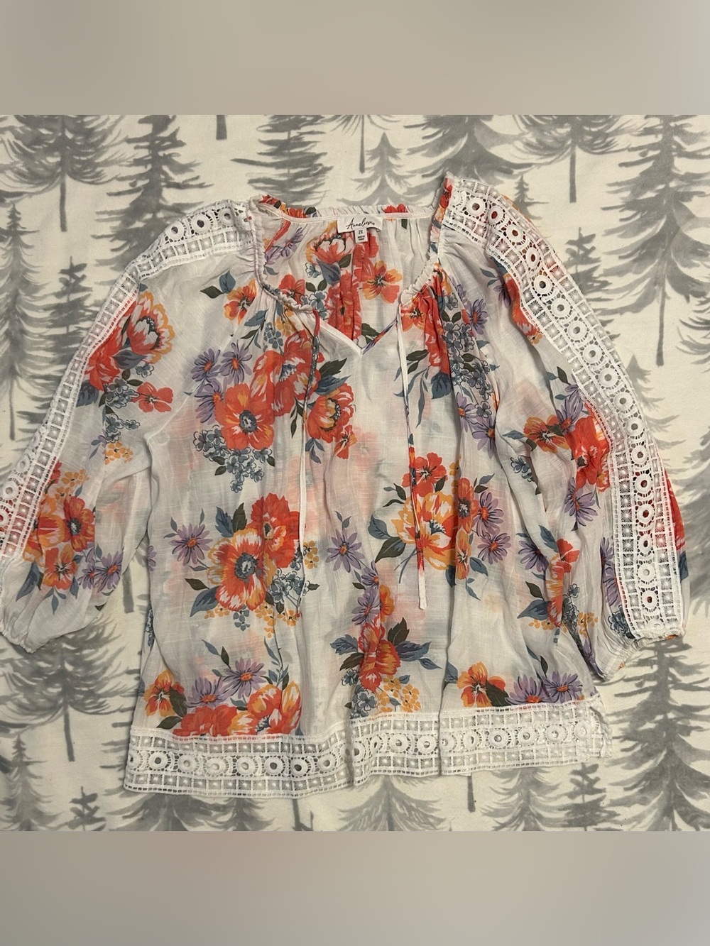 Anneliese White Floral Peasant Blouse with Orange & Purple Flowers